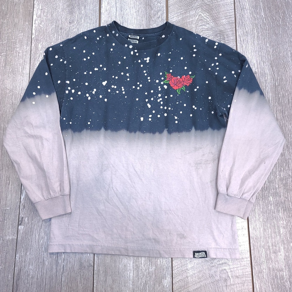 Broken Promises Long Sleeve Shirt Women Medium Blue Grey Ombre Rose Splatter